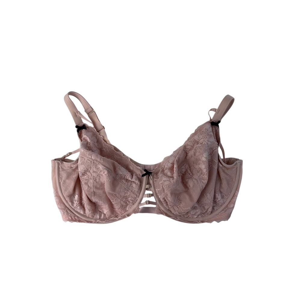 Cacique Bra 46H Unlined Curvy Balconette Bra Pink Underwire Buckle Bow Trim